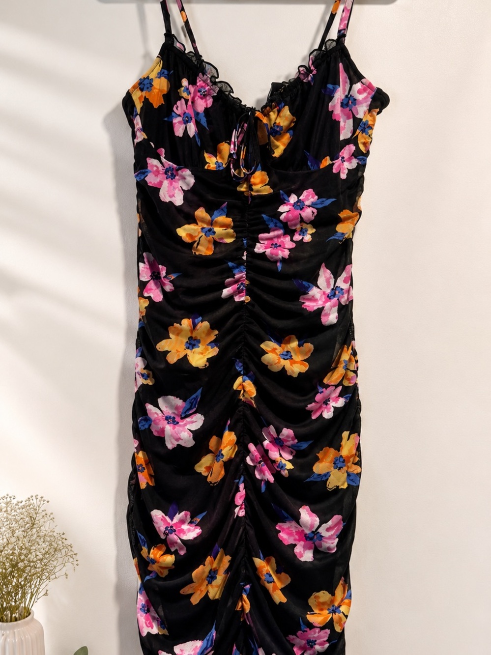 Floral Ruched Black Slip Dress with Pink & Yellow Blooms
